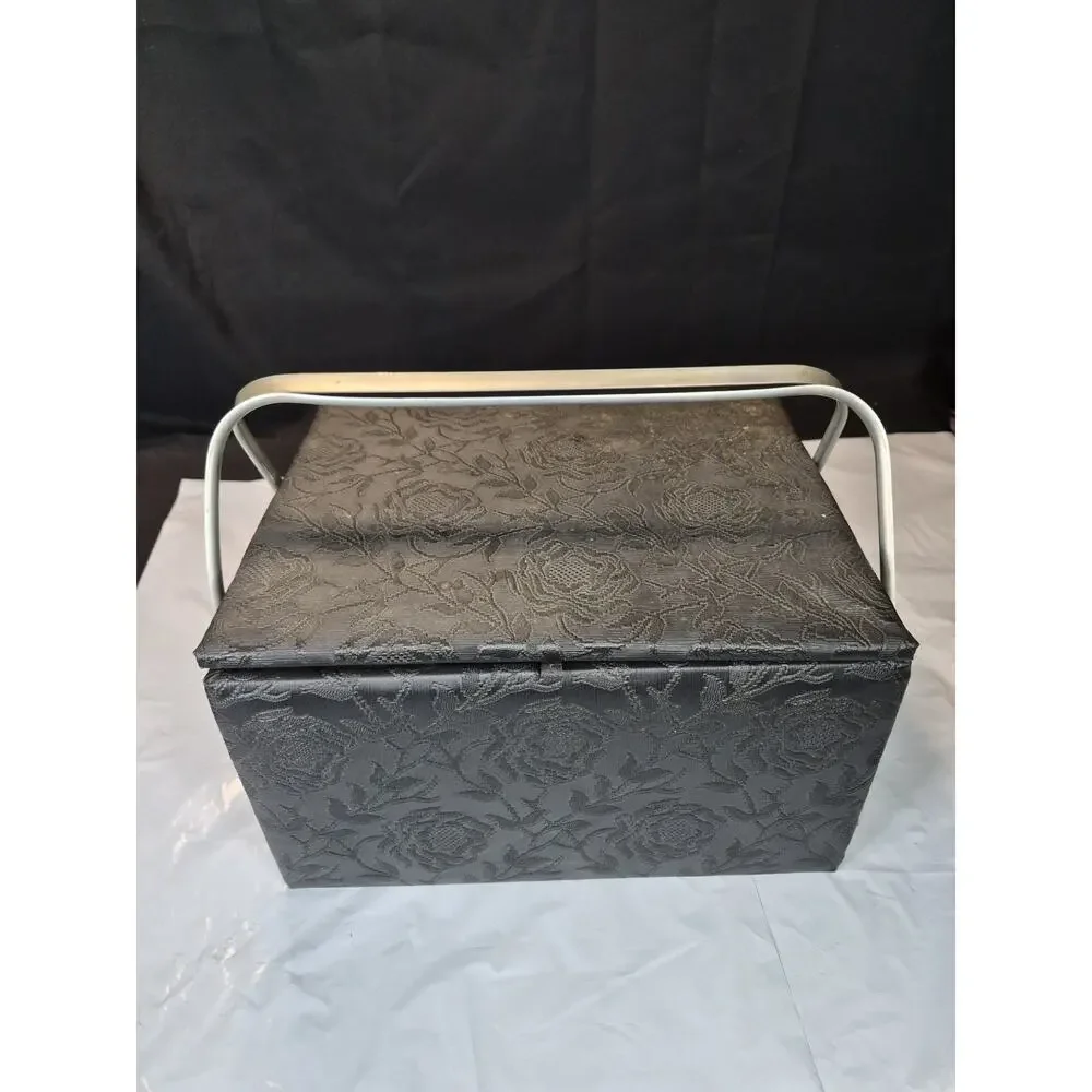 Black Flower Print Sewing Box Storage With Removable Top Tray & Pin Cushion